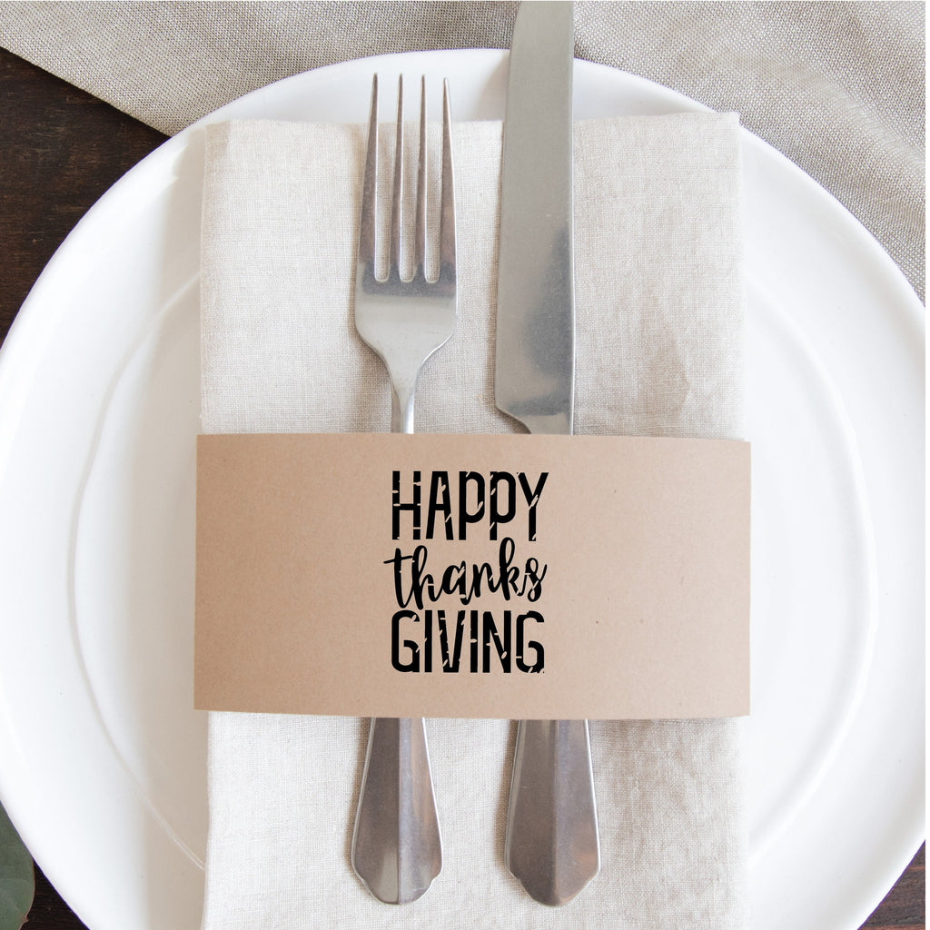Thanksgiving Napkin Wraps, Happy Thanksgiving, Black, Thanksgiving Napkin Wrap, Thanksgiving Printable, Thanksgiving Table Setting, Napkin