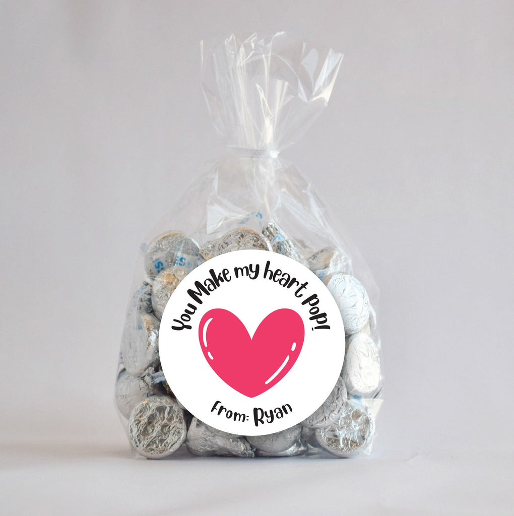Happy Valentine's Day Stickers- "Heart POP", Personalized Valentine Stickers, Valentine Stickers 2.5", Valentine Stickers and Treat Bags