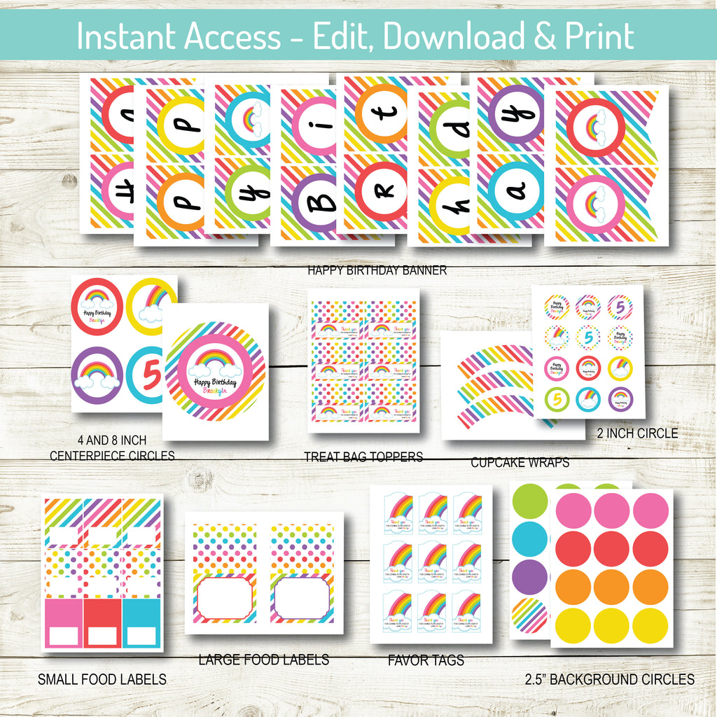 RAINBOW BIRTHDAY PARTY DECORATIONS | INSTANT DOWNLOAD | EDITABLE