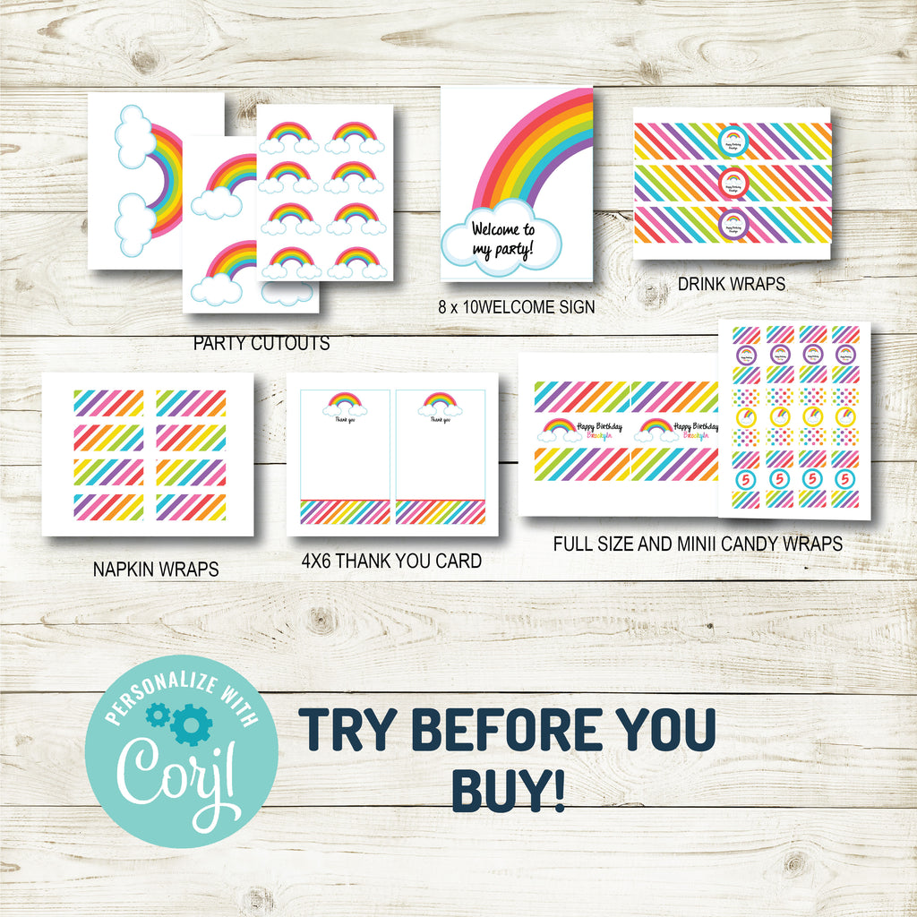 RAINBOW BIRTHDAY PARTY DECORATIONS | INSTANT DOWNLOAD | EDITABLE