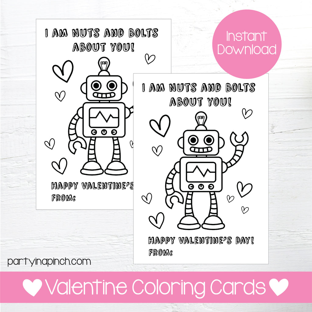 ROBOT VALENTINE'S DAY COLORING CARDS| Instant Download