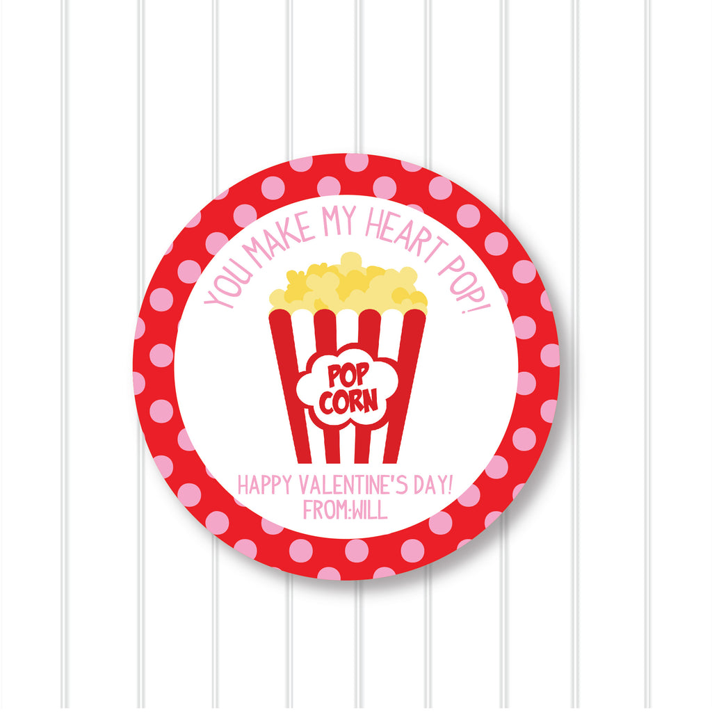 Popcorn "You make my heart Pop" Valentine's Day Favor Sticker Set 2.5"| Personalized