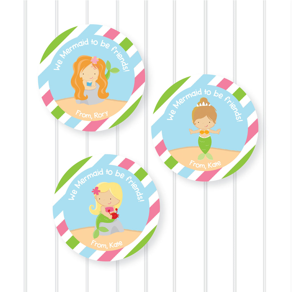 Valentine's Day Mermaid Favor Sticker Set 2.5"| Personalized
