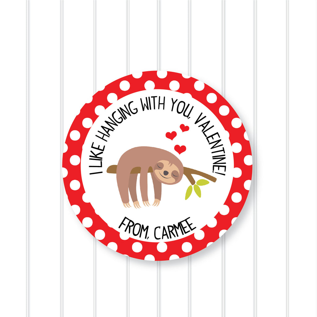 "Hanging Around" Sloth Valentine's Day Favor Sticker Set 2.5"| Personalized