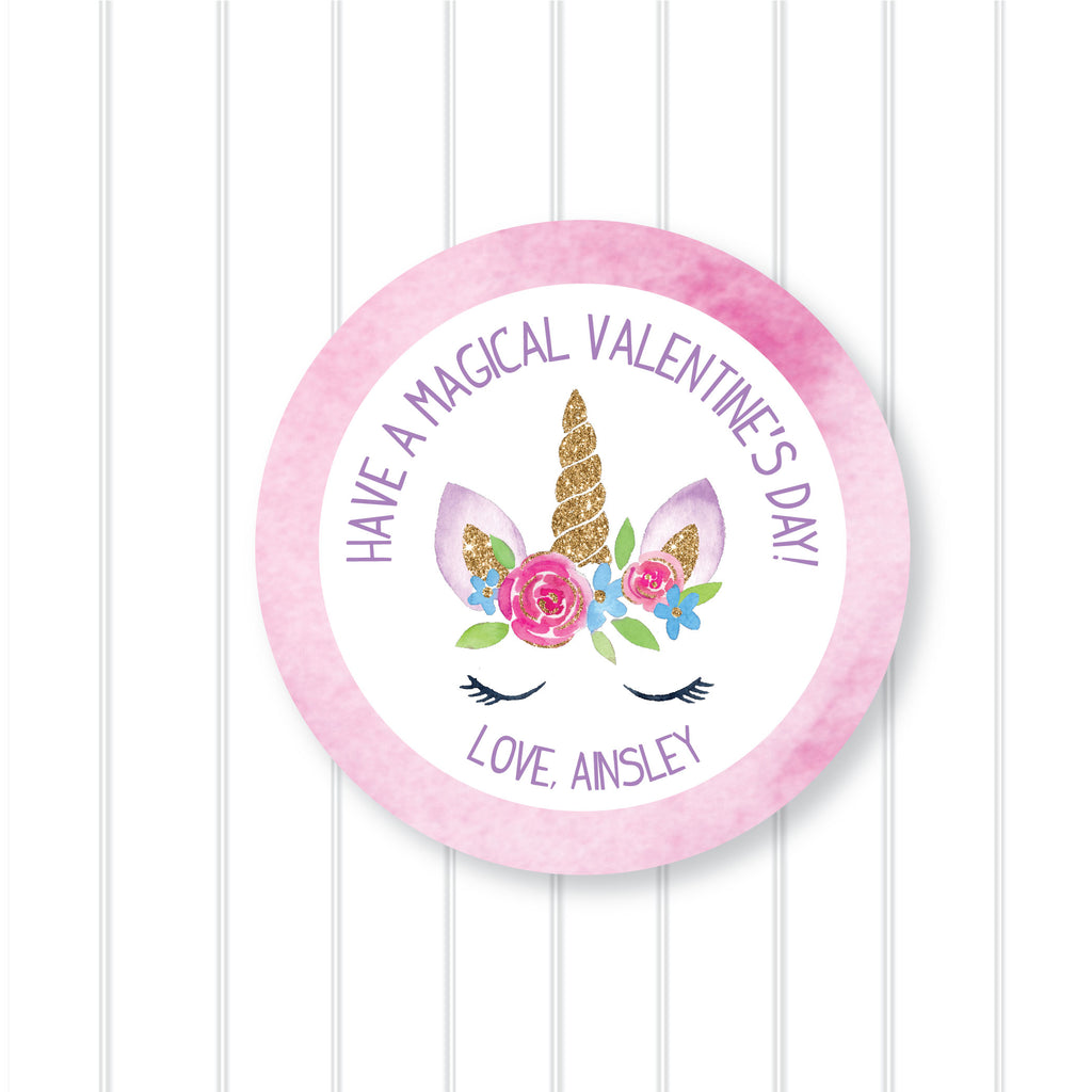 Valentine's Day Unicorn Favor Sticker Set 2.5"| Personalized